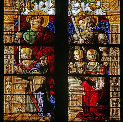 Window depicting Philippe de Serrière with St Philip, two kneeling women and possibly St Yolande by French School